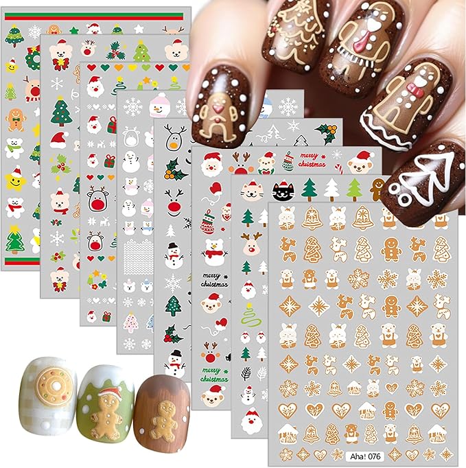 8 Sheets Christmas Nail Art Stickers 3D Snowflakes Elk Santa Claus Nail Stickers for Nail Art Self-Adhesive Winter Xmas Nail Art Supplies Designs Holiday Nail Decals for Women Acrylic DIY Nails