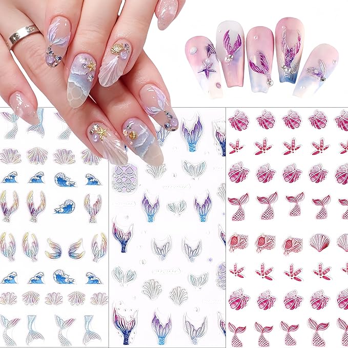 3 Sheets Summer Nail Art Stickers Ocean Style 5D Embossed Fantasy Mermaid Tail Ocean Wave Fishtail Shell Starfish Design Stickers Suitable for Women and Girls Nail Art Decoration