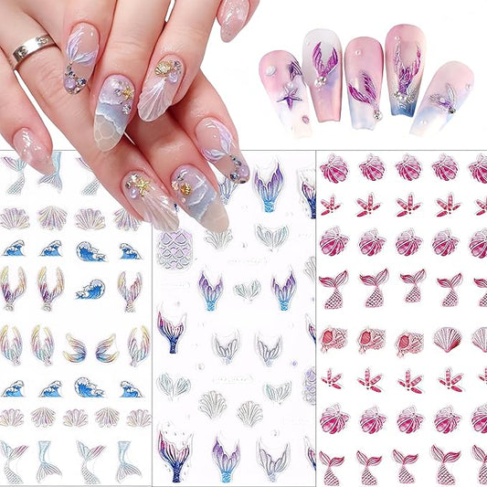 3 Sheets Summer Nail Art Stickers Ocean Style 5D Embossed Fantasy Mermaid Tail Ocean Wave Fishtail Shell Starfish Design Stickers Suitable for Women and Girls Nail Art Decoration