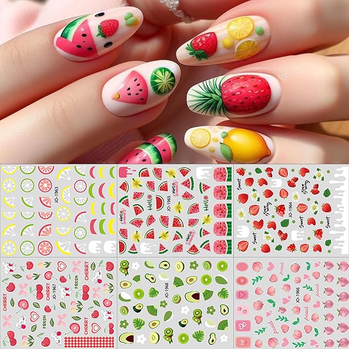 6 Sheets Colorful Fruit Nails Art Stickers Summer Nails Stickers 3D Self Adhesive Fruit Nail Decals Cute Fruits Watermelon Strawberry Cherry Nail Design Nail Art Supplies for Women Nail Decorations