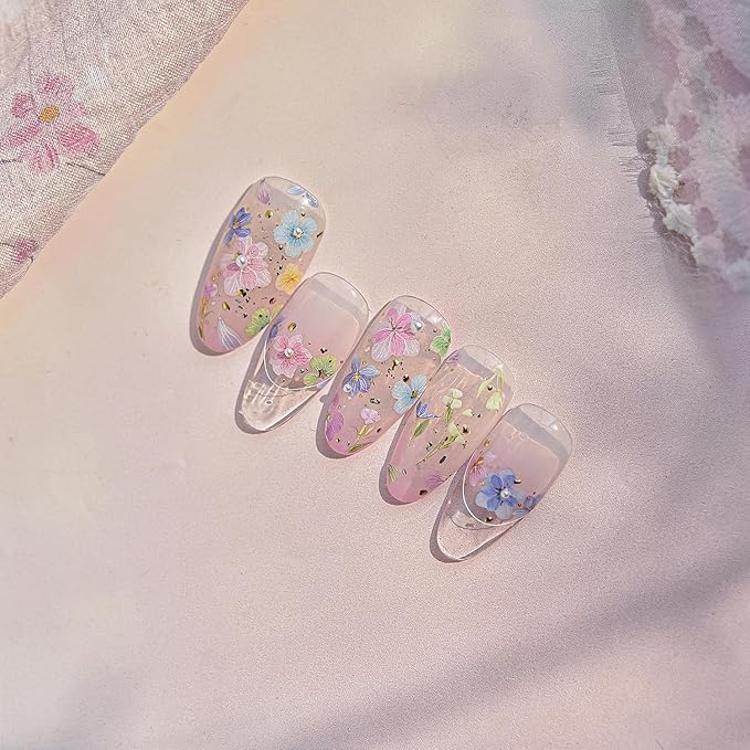 Dried Flower Nail Art Stickers Colorful Flowers Nail Decals for Acrylic Nails 3D Self Adhesive Glitter Designs Nail Sticker Cute Floral Nail Decal Spring Summer Manicure Supplies for Women DIY Decor