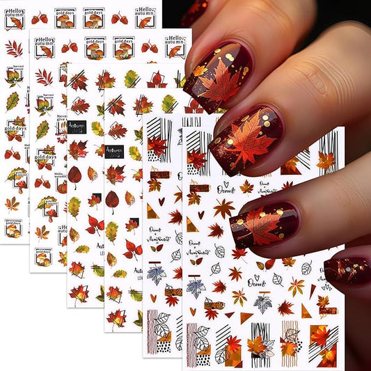 Maple Leaf Nail Art Stickers 3D Laser Shiny Autumn Winter Maple Red Leaf Nail Decals Autumn Maple Leaf Pumpkin Mushroom Nail Decoration Autumn Thanksgiving Day Nail Sticker for Women Nail Accessories