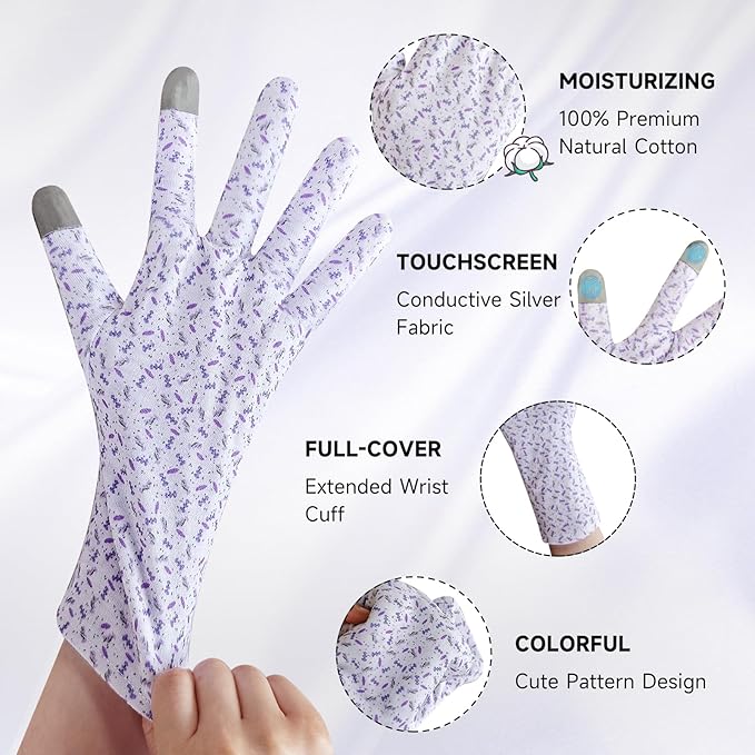 HandLove Premium 100% Cotton Gloves | Moisturizing Gloves for Dry Hands & Eczema | Overnight Sleeping Gloves, Eczema Gloves | Touchscreen | Extended Wrist White Gloves with Lavender Speckles, 2 Pairs