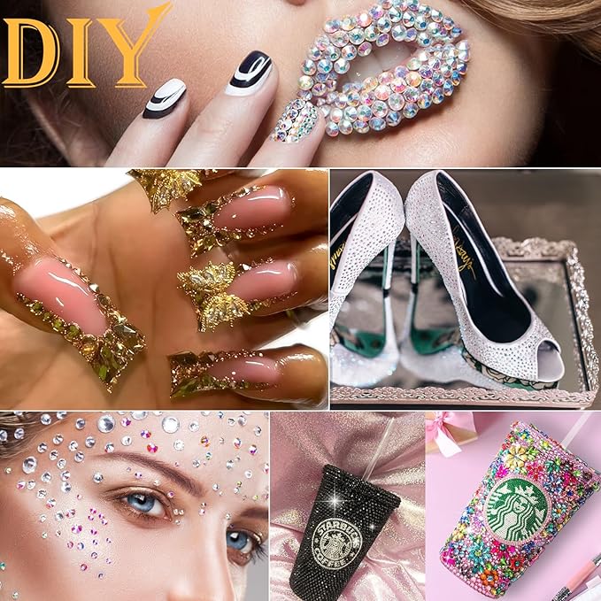 Canvalite 2784Pcs Gold Rhinestones Flatback Gems, Nail Rhinestones Nail Art Gems with Jewelry Glues, Pick Up Tweezers and Rhinestone Picker Dotting Pen, Nail Art Tools for Nails, Clothes, Face, Craft