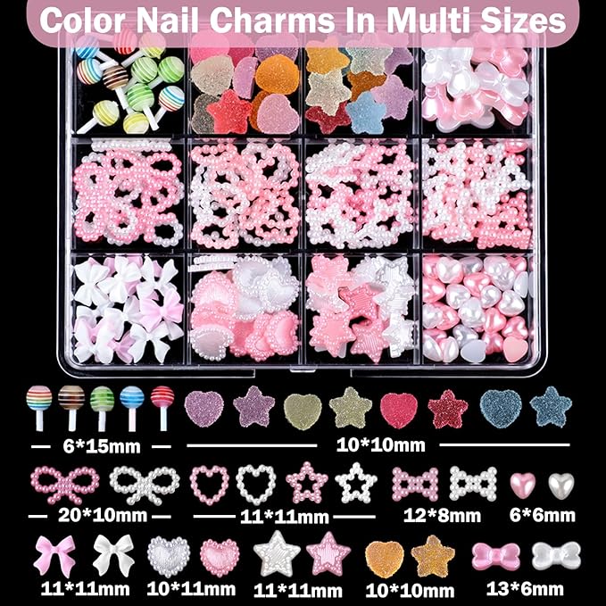 3D Nail Charms and Gems Set, Color Candy Bow Star Heat Nail Art Charms,Flatback AB Gems+Gold Bow Nail Studs+Gravel Diamond,Mixed Nail Rhinestones Manicure Kit Nail Art DIY Decoration with Pickup Tools