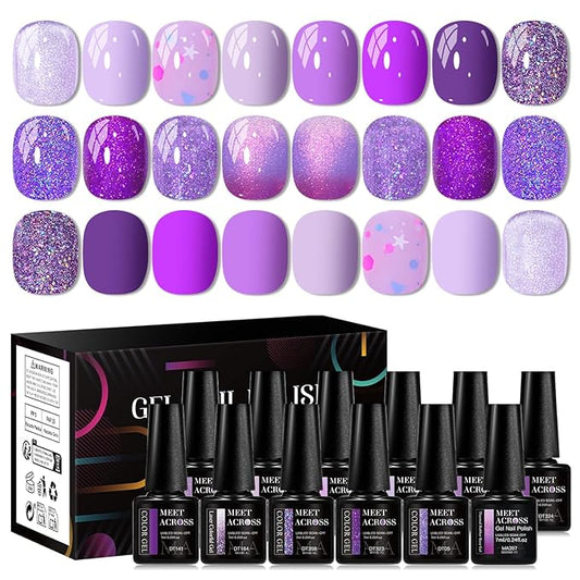 MEET ACROSS 12PCS Gel Nail Polish Set, 12 Colors Gel Nail Kit Art Design Soak Off UV LED,Nail Art Design Gifts for Women (Purple, 12PCS)