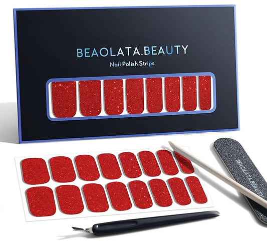 Nail Polish Strips, 32PCS Salon Quality Wraps, Long Lasting Gel Nail Stickers for Women Easy Apply& Remove (Red Velvet Ribbon Glitter)