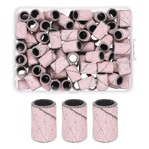 HARFINGTON 100pcs Small Sanding Bands 180 Grit for Nail Drill Bits Mini Sanding Band for Nails Gel Manicures Light Pink