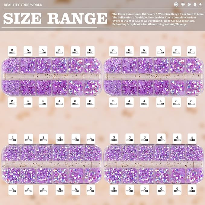 7000PCS Resin Rhinestones with Tweezers for Crafting, 2/3/4/5/6mm Flatback Jelly Rhinestones, 4 Box Lavender Purple AB Non Hotfix Crystal Gems for DIY Crafts Mugs Tumblers Clothes Makeup Nail