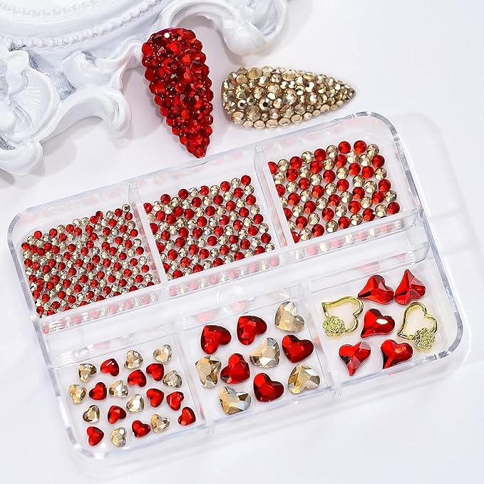 767Pcs Valentine's Day Nail Art Charms Gold Red Heart Rhinestones for Acrylic Nails Gems for Women Girls DIY Manicure Decoration