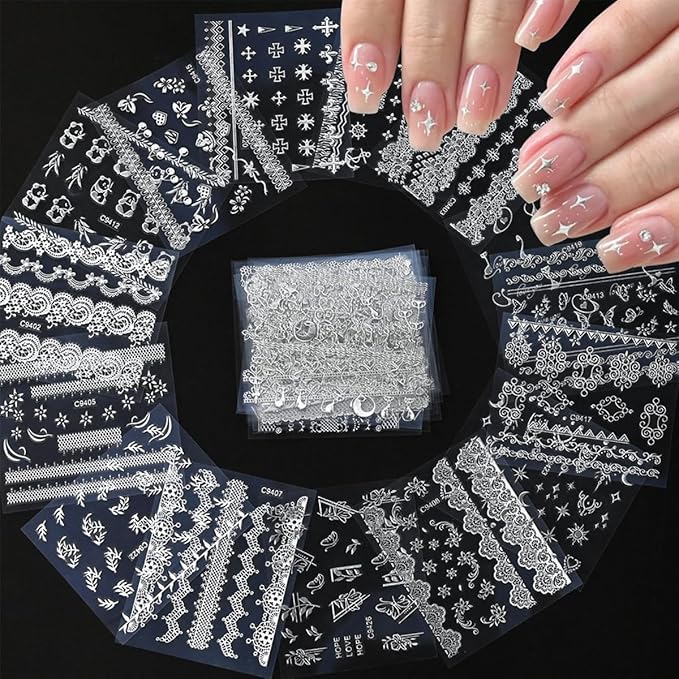 30 Sheets Star Moon Nail Stickers Cute Little Cat Nail Art Stickers 3D Silver Heart Nail Decals Self-Adhesive Retro Nail Supplies Line Flower Leaf Nail Art Design Manicure for Women DIY Acrylic Nails