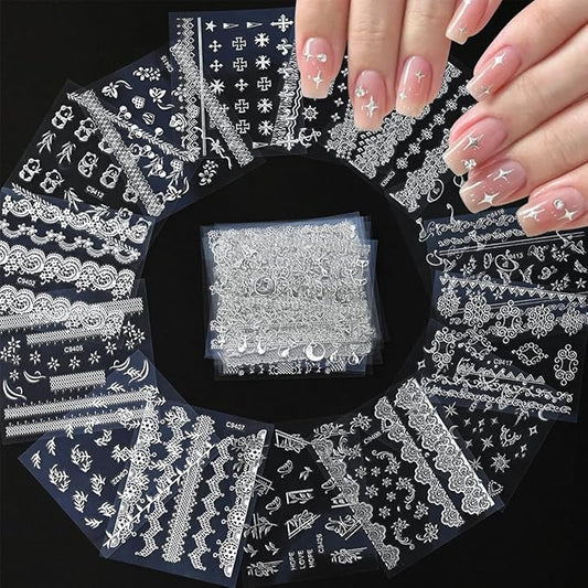 30 Sheets Star Moon Nail Stickers Cute Little Cat Nail Art Stickers 3D Silver Heart Nail Decals Self-Adhesive Retro Nail Supplies Line Flower Leaf Nail Art Design Manicure for Women DIY Acrylic Nails