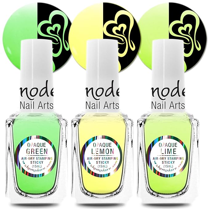 SheModern STICKY GREEN + LEMON + LIME Stamping Polishes For Nail Art Design Air-Dry Collection. More Transfer Time with Tacky Surface for Easy Adhere of Pigment, Glitter