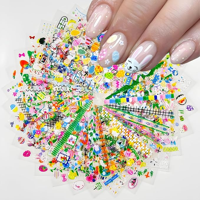 30 Sheets Easter Nail Stickers for Nail Art 3D Self Adhesive Bunny Nail Art Stickers Colorful Egg Nail Decals Easter Nail Supplies Decoration Accessories for Women Girls