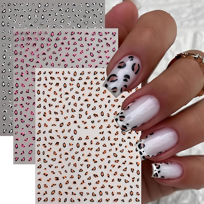 Leopard Print Nail Art Stickers Leopard Nail Stickers Self-Adhesive Cute Pink Brown White Design Fall Nails Decals Cheetah Print Pattern Cute Autumn Nails Supplies Fall Nail Decorations for Women DIY