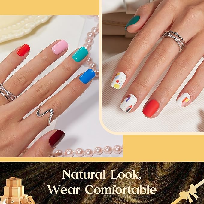 Beetles Press on Nails Kit 576Pcs 24 Colors, Press on Nails Short Square Glossy Matte With Nail Glue & Nail Tabs Stickers, Natural Fit Lightweight Squaval Fake Nails Kit Art For Women Girls