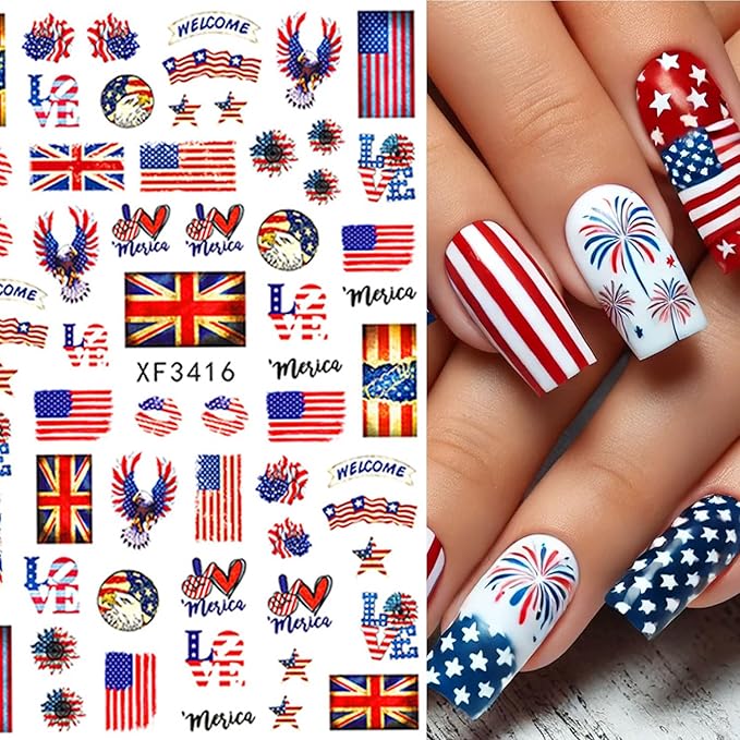 8 Sheets Independence Day Nail Stickers Blue Red Nail Decals Flag Love with Design Nail Decals for Nail Art 3D Self-Adhesive Nail Decoration for Women 4th of July Acrylic Nails Supplies