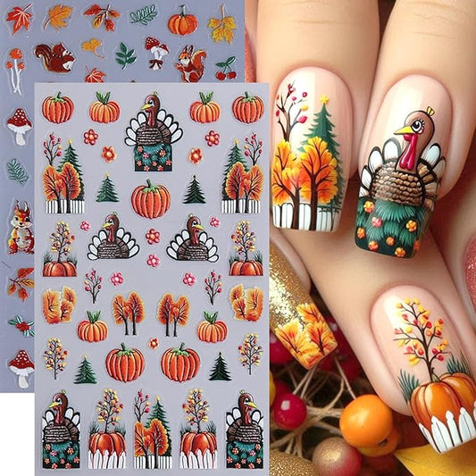 2Sheets Thanksgiving Nail Art Stickers 5D Embossed Squirrel Maple Leaf Nail Decals Self-Adhesive Turkey Pumpkin Designs Nail Sticker Fall Leaves Mushroom Nail Decal for Women DIY Manicure Decoration