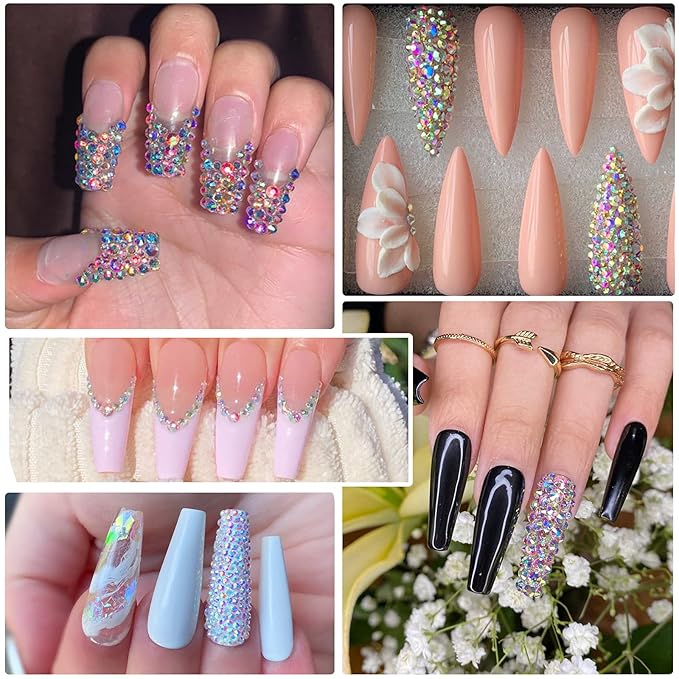 3000 Pcs Nail Art Rhinestones HUETFAT Nail Gems AB Clear Flatback Stones Crystals Mixed 6 Size Nail Diamonds with Storage Organizer Box Wax Pencil Tweezers 3D Jewels for Nail Design (AB Clear)