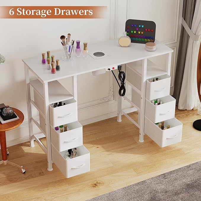 Manicure Table Nail Desk for Nail Tech, Nail Beauty Table w/Electric Dust Collector & 6 Storage Drawers & Open Shelves for Home, Workshop, Makeup Beauty Salon Workstation