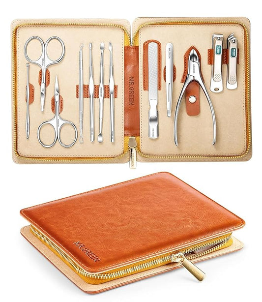 MR.GREEN 12-in-1 Manicure & Pedicure Set – Professional German Stainless Steel Nail Clippers,Cuticle Tools & Nail Care Kit, Travel Grooming Kit for Men & Women with Leather Case (Caramel Brown))