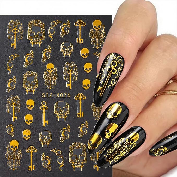 4Pcs Halloween Nail Stickers Gold Skull Nail Decals 3D DIY Self Adhesive Nail Design Sticker Halloween Nail Decoration Supplies Holiday Manicure Accessories for Women Girls
