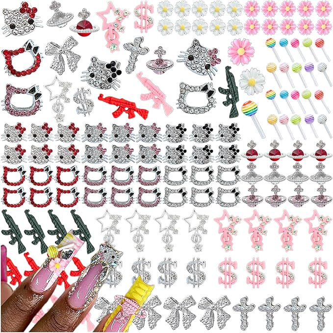 124PCS Nail Charms for Acrylic Nails - Silver Jewels Cat Bow Planet Gun Dollar Sign Star Cross Resin Flower Candy Accessories for Art Supplies Manicure Craft DIY