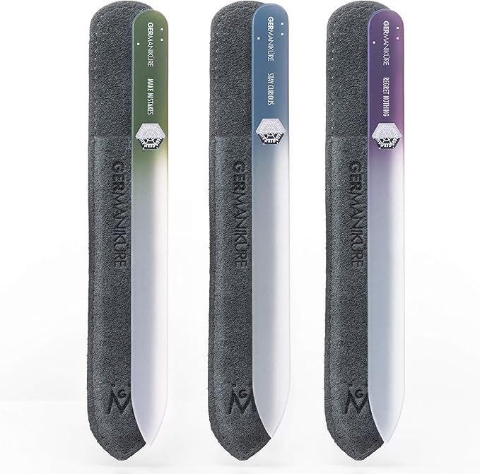 GERMANIKURE Czech Crystal Glass Nail File 3 Pack in Suede Leather Case - Professional Manicure & Pedicure Products for Smooth Easy Shaping of Natural Nails