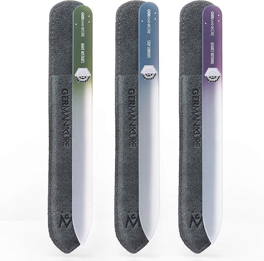 GERMANIKURE Czech Crystal Glass Nail File 3 Pack in Suede Leather Case - Professional Manicure & Pedicure Products for Smooth Easy Shaping of Natural Nails