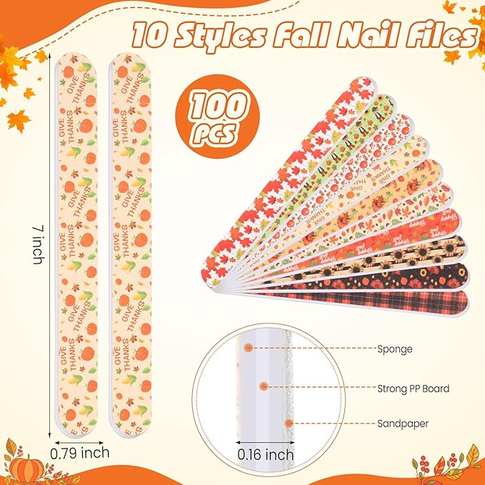 100 Pcs Thanksgiving Nail Files Gift Bulk for Women Fall Nail Files 7 Inch Large 180 Grit Double Sided Emery Boards for Natural Nails Fall Harvest Manicure Tools for Adults Party Supplies