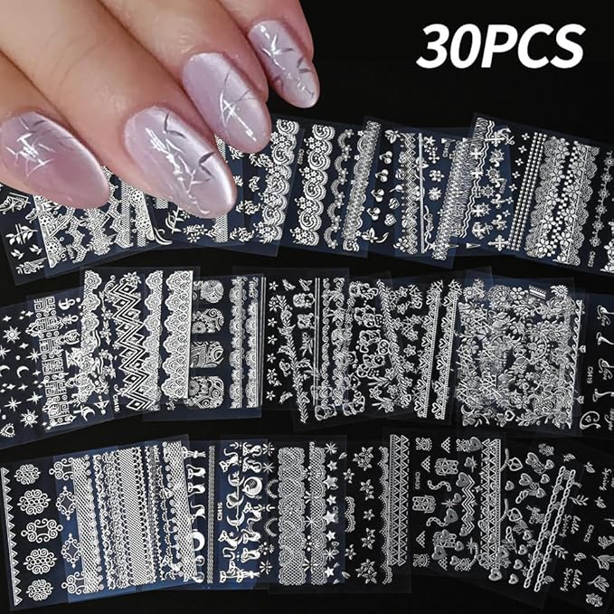 30 Sheets Silver Nail Sticker Silver Lace Nail Art Stickers Silver Retro Flower Star Moon Heart Cat Design 3D Self-Adhesive Nail Sticker Decals Nail Supplies for Women Girls DIY Nail Art Decoratio
