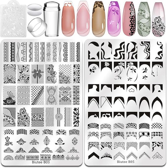 Biutee Nail Stamping Plates Set 2 PCS Large Plate 110 Patterns Nail Art Stamper Scraper Nail Stamp Template Kit French Line Lace Flower Design Masnicure Plates