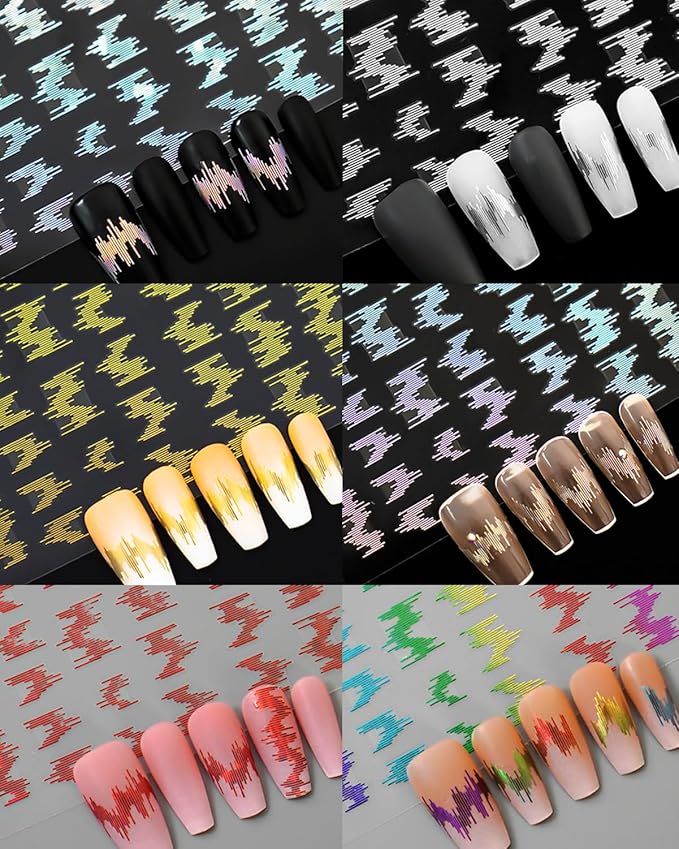 Laser Acoustic Wave Nail Art Stickers, Self-Adhesive 3D High Gloss Reflective Silk Glitter Vertical Strip Nail Decals Decorations (6 Sheets)