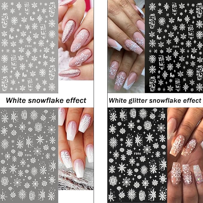 8 Sheets 3D Snowflake Nail Art Stickers Winter Christmas Nail Decals Glitter White Silver Snowflake Nail Stickers Self Adhesive Xmas Snow Nail Design Holiday Christmas Nail Decoration for Women Girls