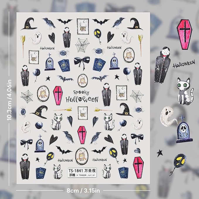Halloween Nail Stickers for Nail Art Halloween Theme Vampire Ghost Bat Hat 5D Embossed Nail Decals Self-Adhesive Nails Supply Manicure Stickers for Nails Decoration