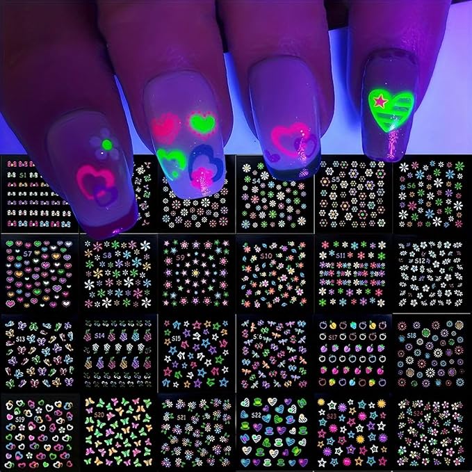 Fluorescence 30 Sheets Flowers Nail Stickers 3D Self-Adhesive Nail Art Charms Sticker Decals for Crafts Supplies Accessories (ST-N)