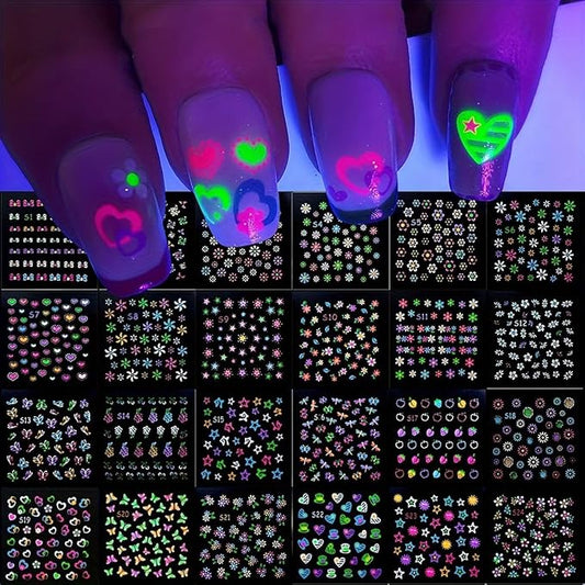 Fluorescence 30 Sheets Flowers Nail Stickers 3D Self-Adhesive Nail Art Charms Sticker Decals for Crafts Supplies Accessories (ST-N)