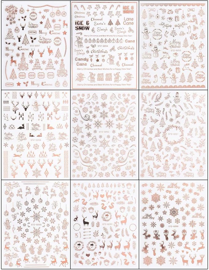 JMEOWIO 9 Sheets Christmas Nail Art Stickers Decals Self-Adhesive Pegatinas Uñas Navidad Rose Gold Winter Holiday Xmas Snowflake Nail Supplies Nail Art Design Decoration Accessories