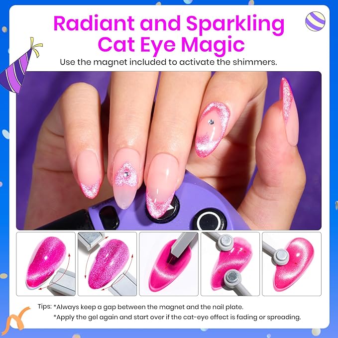 Beetles Cat Eye Gel Nail Polish, 6 Colors Christmas Cat Eye Glitter Gel Polish Set Neon Red Pink Purple Blue Green with Magnet Velvet Gel Kit Soak Off UV French Nail Art Manicure Gift for Women