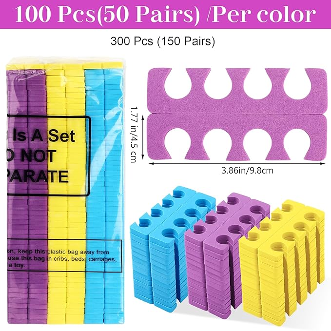 LemonRoad 300 Pcs (150 Pairs) Sponge Toe Separator Pedicure Finger Separator Tool Toe Divider Spacer Soft for Polishing Pedicure Manicure Coating Gel Painting Nail Beauty Accessory(Classic Color)