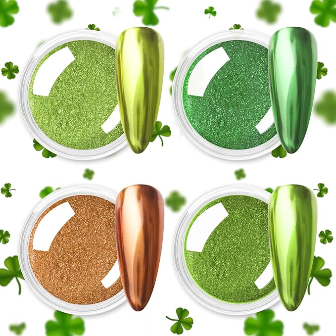 Allstarry Green Chrome Nail Powder, 4 Colors Mirror Effect Metallic Pigment Manicure Holographic Glitter Dust Kit for Gel Polish St Patricks Day Nail Art St Patty's Day Accessories - Forest Afterglow