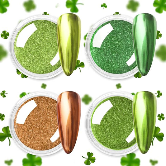 Allstarry Green Chrome Nail Powder, 4 Colors Mirror Effect Metallic Pigment Manicure Holographic Glitter Dust Kit for Gel Polish St Patricks Day Nail Art St Patty's Day Accessories - Forest Afterglow