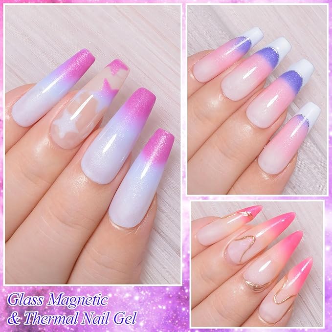 MEET ACROSS 8pcs Cat Eye Gel Nail Polish Set, Soak off UV LED Lamp Home Manicure Kit 7ml (Cat Eye + Glitter Warm Up)