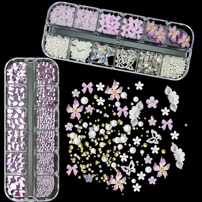 4 Boxes Purple Nail Gems Bow Flower Nail Charms for Acrylics - Irregular Crystals, Nails Rhinestone & Accessories for Women Nails Art Design Nails Decor(Purple)