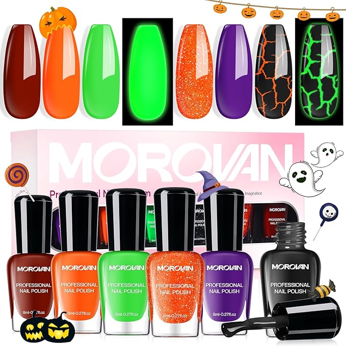 Morovan Halloween Nail Polish Set: Black Crackle Pumpkin Orange Glow in the Dark Neon Green Fingernail Polish Kit with Nail Stickers 2025 Quick Dry Manicure for Women Girls Party Costumes Gifts