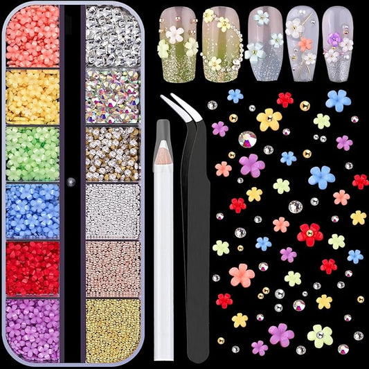 3D Flowers for Nails, Colorful Acrylic Flower Nail Charms with Caviar Beads, Flat Back Glass Crystal AB + Clear Gemstones Round Gems Rhinestones for Nails & Acrylic Nails with Dotting Tools
