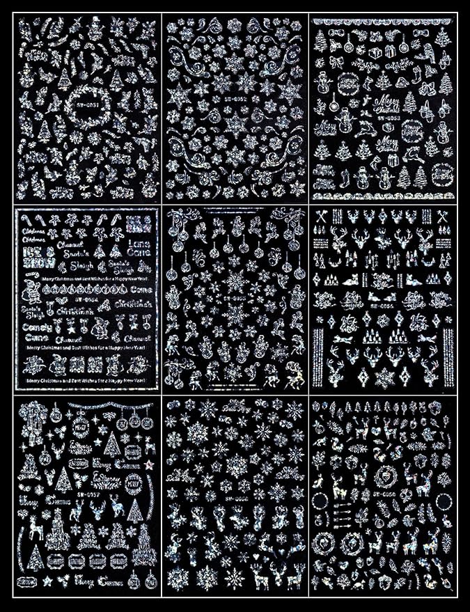 9 Sheets Merry Christmas Nail Art Stickers Decals Self-Adhesive Holiday Snowflakes Laser Silver Snowman Bell Nail Supplies Nail Art Design Decoration Accessories