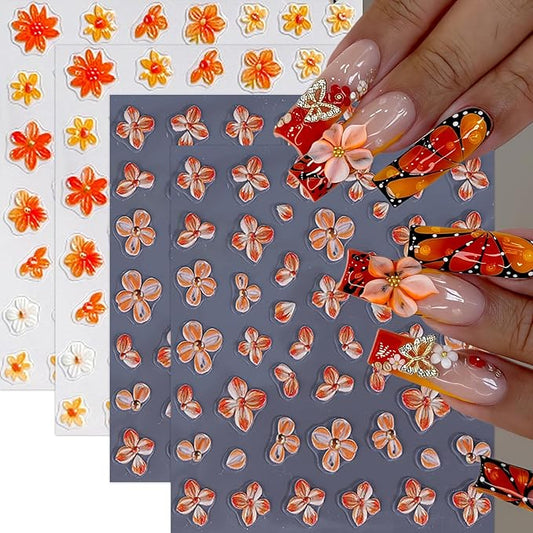 4sheets 5D Embossed Flower Nail Art Stickers Self Adhesive Fall Yellow Flowers Nail Stickers Autumn Orange White Daisy Nail Decals Orange Petal Daisies Nails Supplies for Women Manicure Accessories