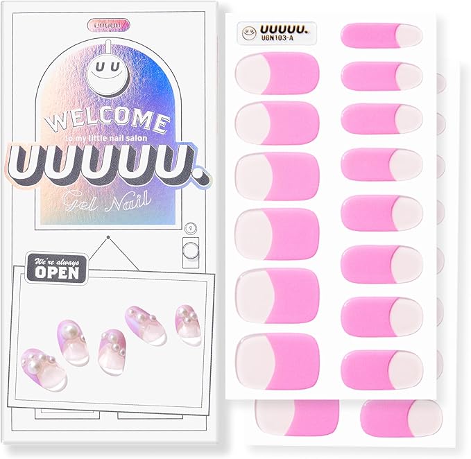 UUUUUU Semi Cured Gel Nail Strips | Salon-Quality | UV Free Gel Nail Wraps for Women | Easy Peel&Stick | Long-Lasting up to 14 Days | 28 Strips Set+File & Wipes | Gift-Ready (UGN103 Bombshell Pink)