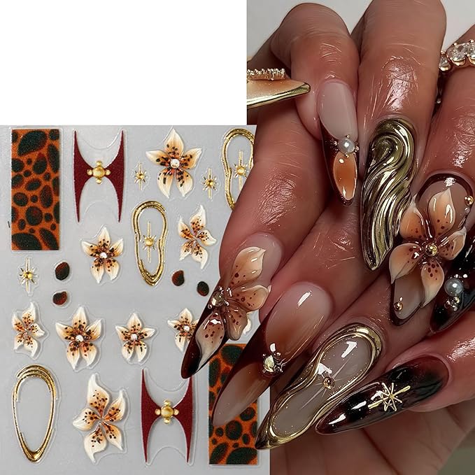 3 Sheets Brown Leopard Print Nail Stickers 5D Embossed Floral Nail Decals Exquisite Line Fall Brown Leopard Print Flower Nails Design Gold Stars Nails Supplies for Women Autumn Winter Manicure Decor